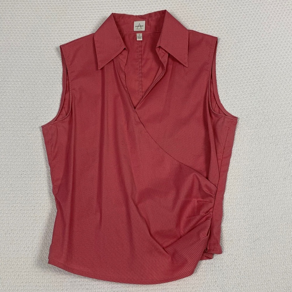 Anne Klein Red/Pink Sleeveless Faux Wrap Blouse Side Zip Ruching Size 2